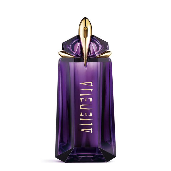Celeste in an amethyst-purple satin gown beside a faceted purple perfume bottle with a gold star cap on an evening table