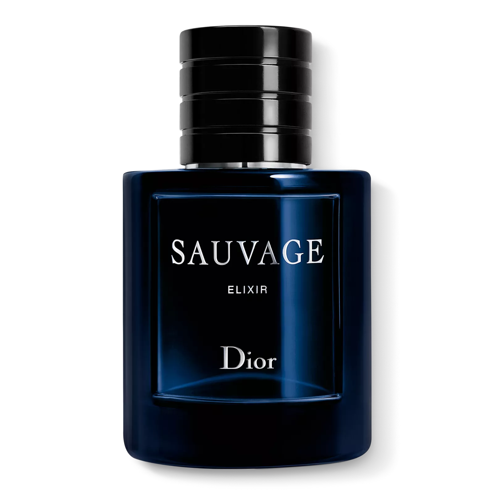 Celeste in a deep navy velvet evening gown beside a faceted dark-blue perfume bottle with a ridged silver cap