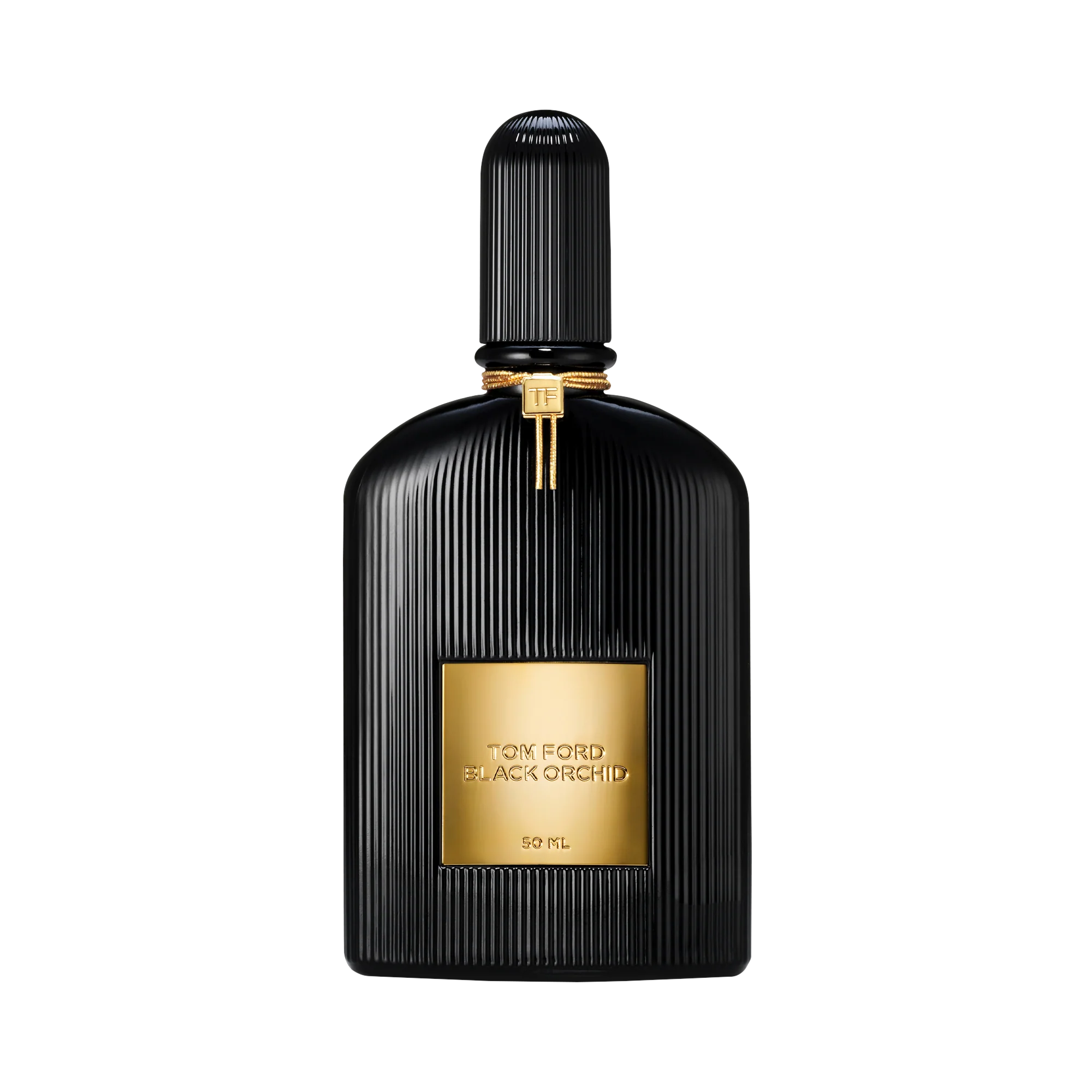 Celeste in a black silk gown beside a dark faceted perfume bottle with a gold collar in a warm-black evening room