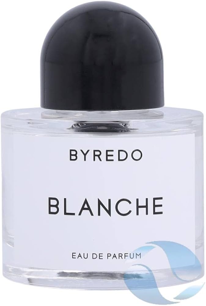 Celeste in a soft white silk camisole beside the iconic clear Byredo Blanche rectangular bottle with white minimalist label and matte black cap in cool natural daylight