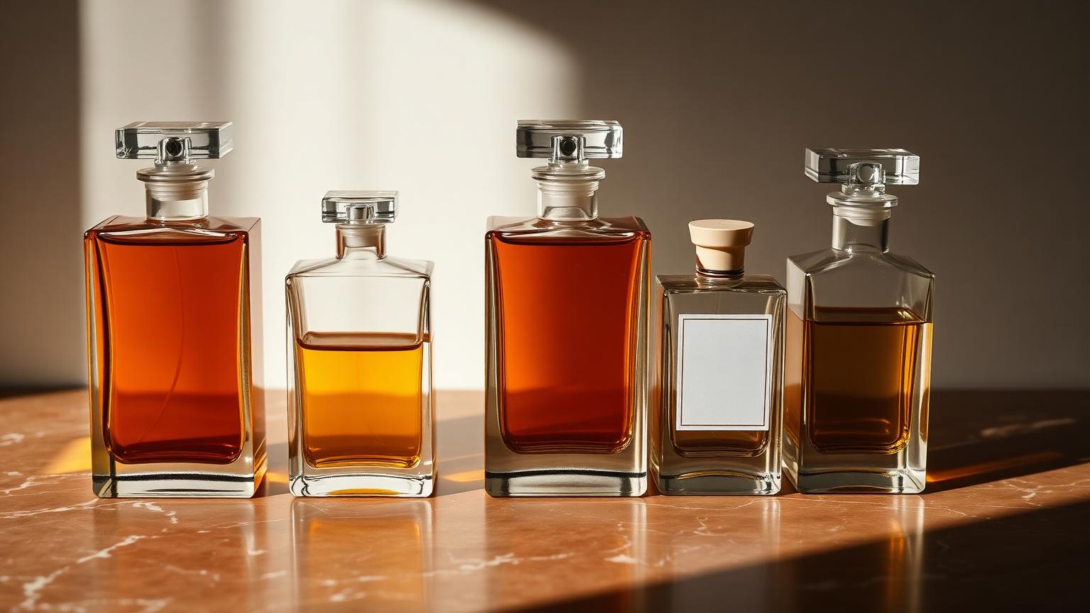 A row of unlabeled crystal flacons of varying sizes on aged warm marble, each holding amber liquid at slightly different depths