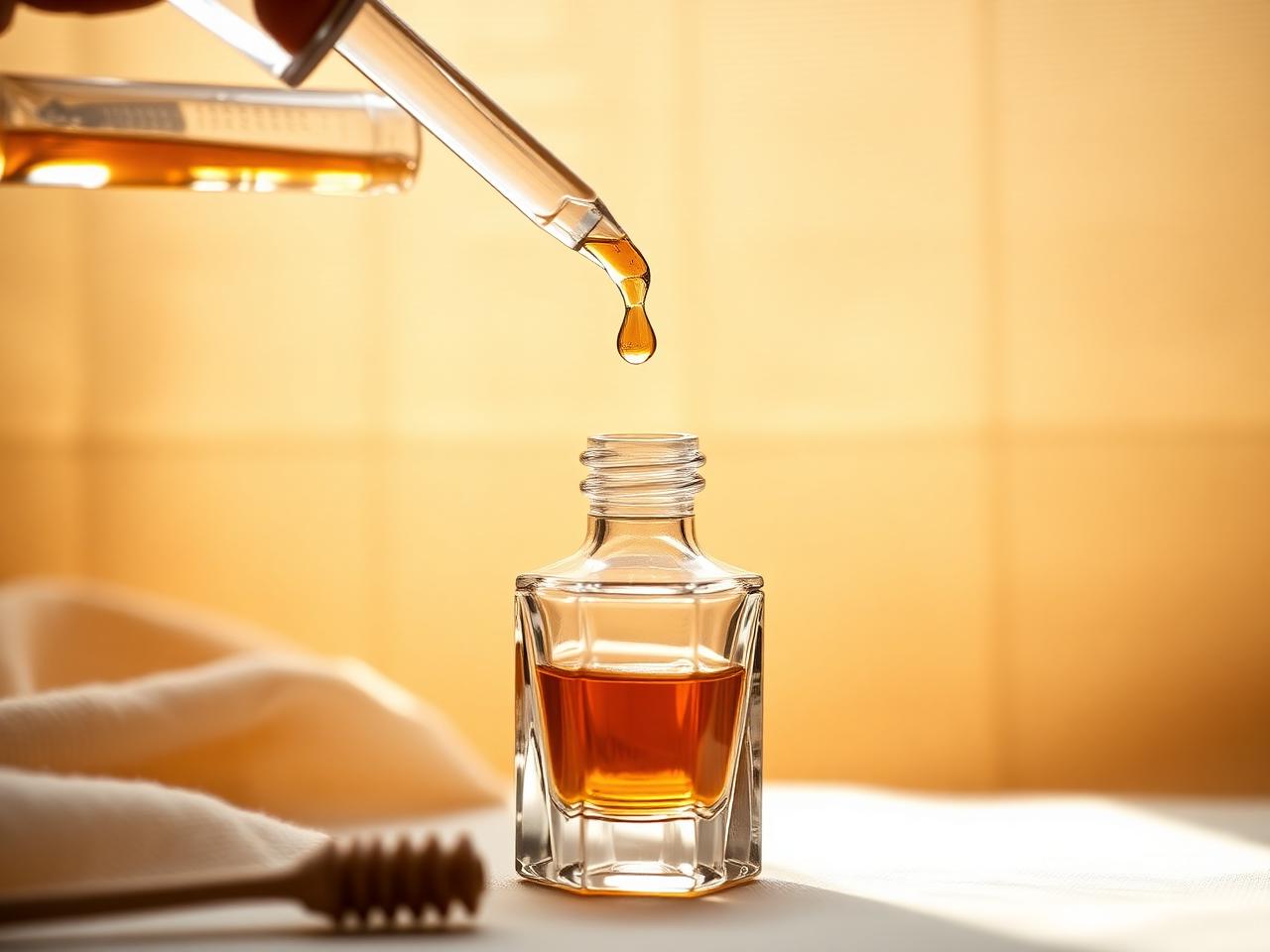 A glass pipette releasing a single drop of amber liquid into a small unlabeled crystal flacon in warm light