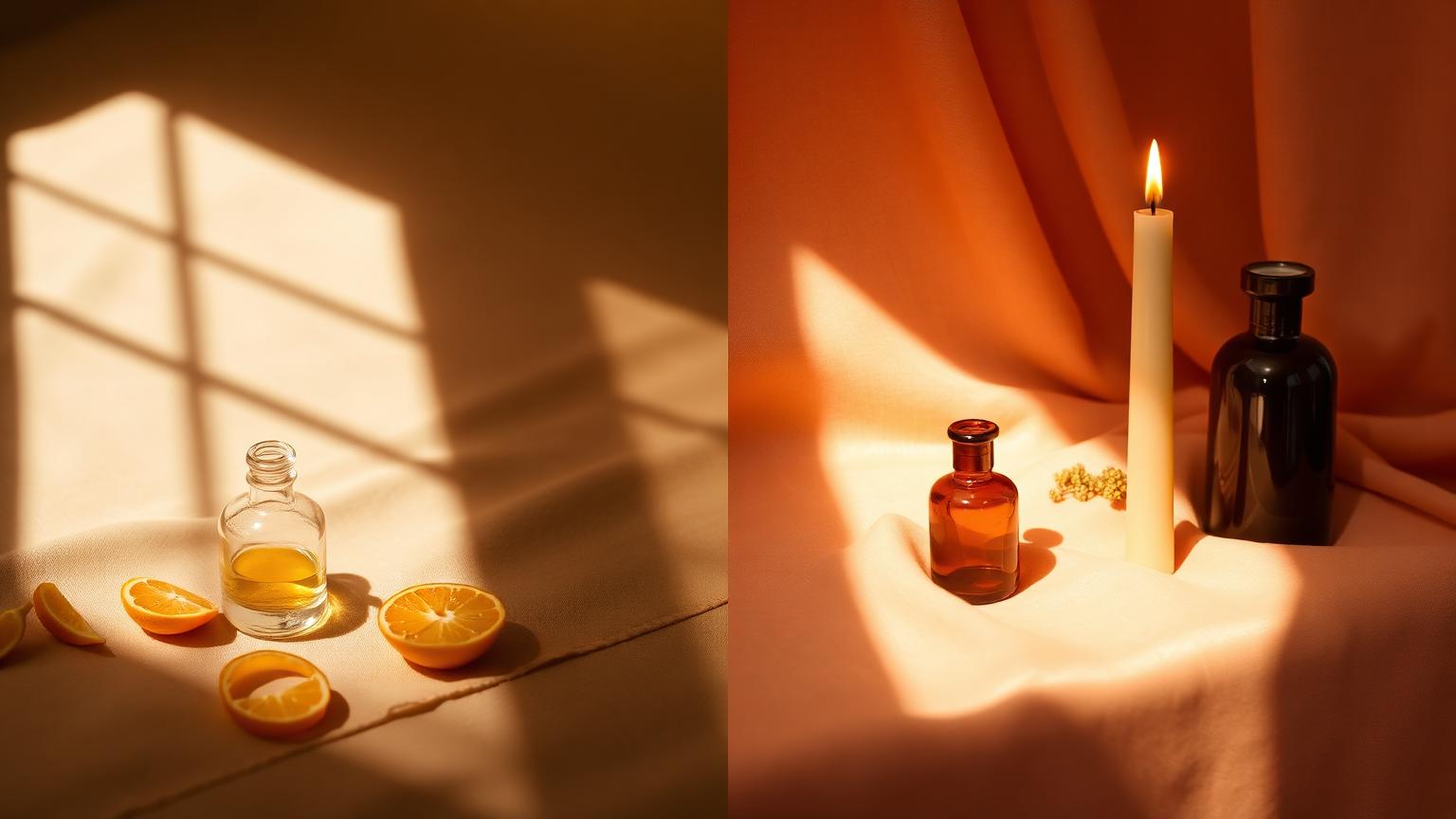 A diptych still life: bright morning sun on a clear unlabeled flacon and citrus peel on one side, warm candlelight on a darker unlabeled flacon and amber resin on the other