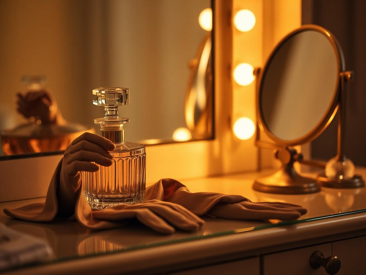 An unlabeled crystal flacon and silk gloves on a dressing table at dusk, lit by warm vanity bulbs