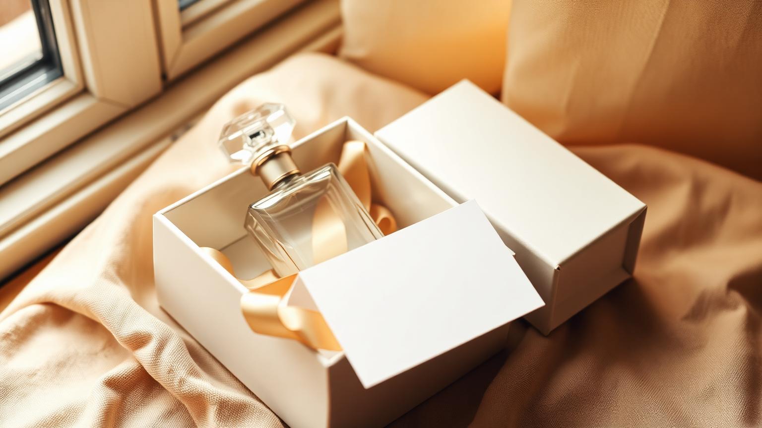 An unlabeled crystal perfume flacon partially visible inside an unmarked ivory box wrapped with a silk champagne ribbon, with a blank folded card beside it on warm linen