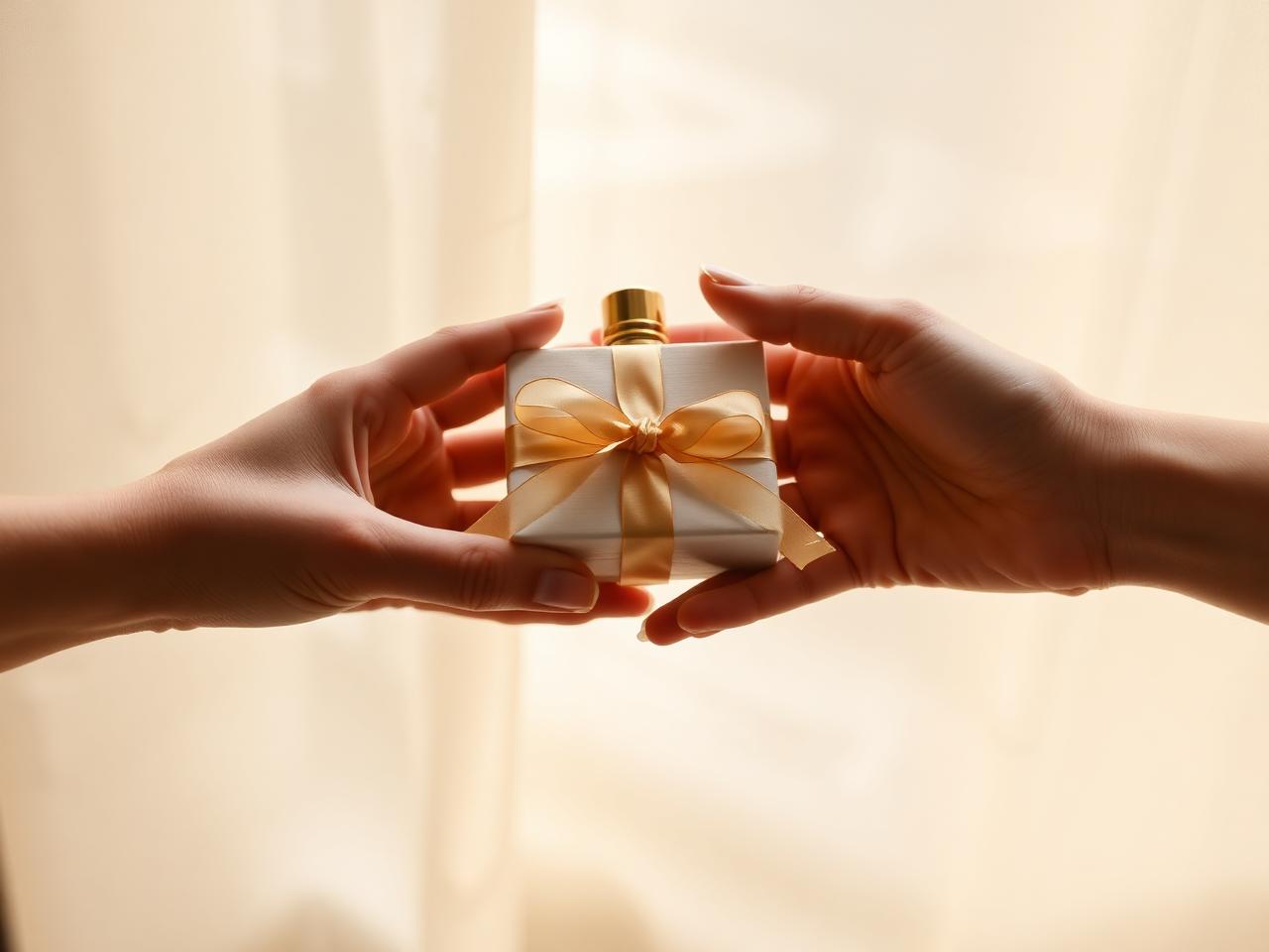 Two pairs of hands passing a wrapped perfume box tied with a silk ribbon, in warm intimate window light
