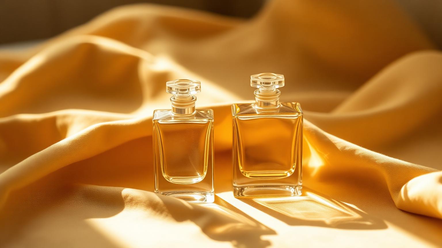 Two open unlabeled crystal flacons set close together on warm linen with overlapping soft shadows in golden hour light