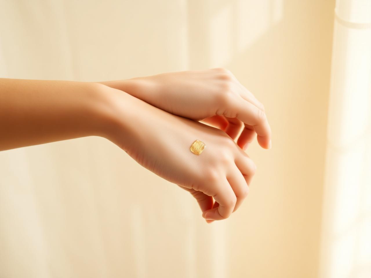 Two wrists gently crossed showing layered perfume application in soft warm light