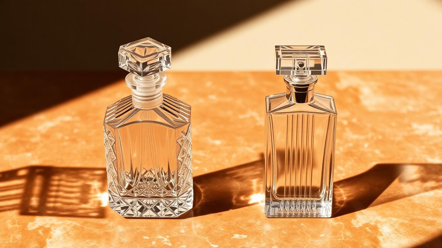 Two unlabeled crystal perfume flacons side by side on aged warm marble, one ornately faceted and one minimal and architectural