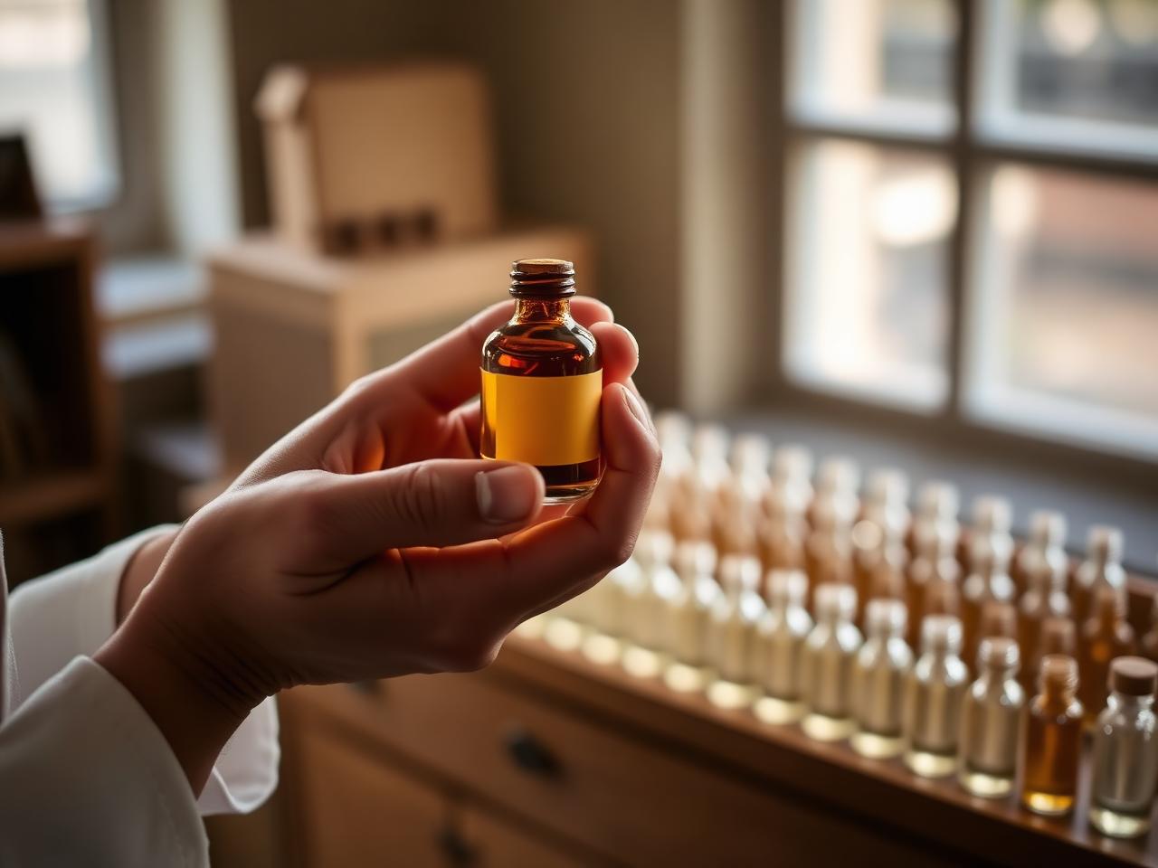 Hands of a perfumer cradling a small unlabeled amber apothecary bottle in a quiet atelier, vials softly out of focus behind