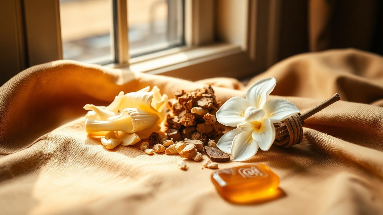An editorial still life of raw perfumery materials on warm linen: iris orris root, sandalwood chips, dried jasmine flowers, and a piece of amber resin