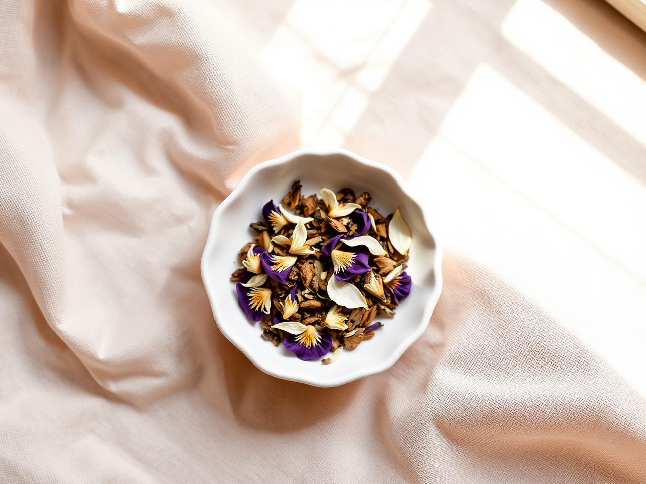 A small porcelain dish from above, filled with crushed iris orris root and dried jasmine petals on warm linen