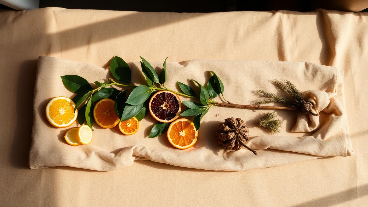 A long editorial still life blending seasonal vignettes on warm linen: citrus peel, green leaves, amber resin and dried fruit, and vetiver with cashmere