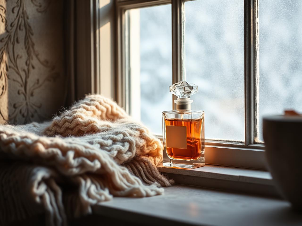 A folded woolen winter throw and an unlabeled crystal perfume flacon resting on a stone window sill in cold morning light