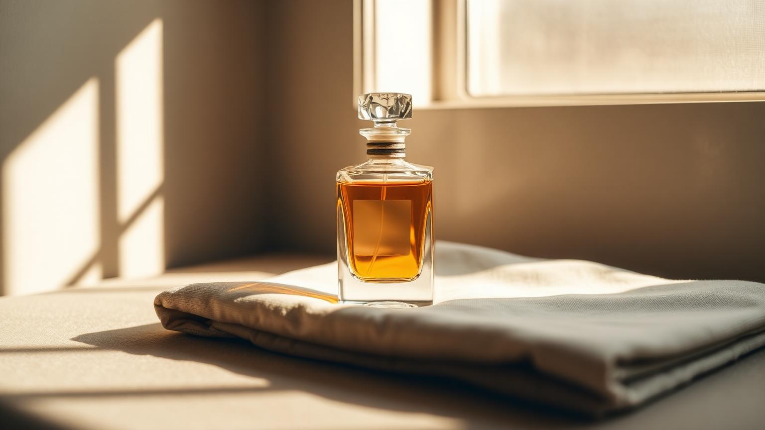A single unlabeled crystal perfume flacon with pale amber liquid resting on folded ivory linen in soft window light