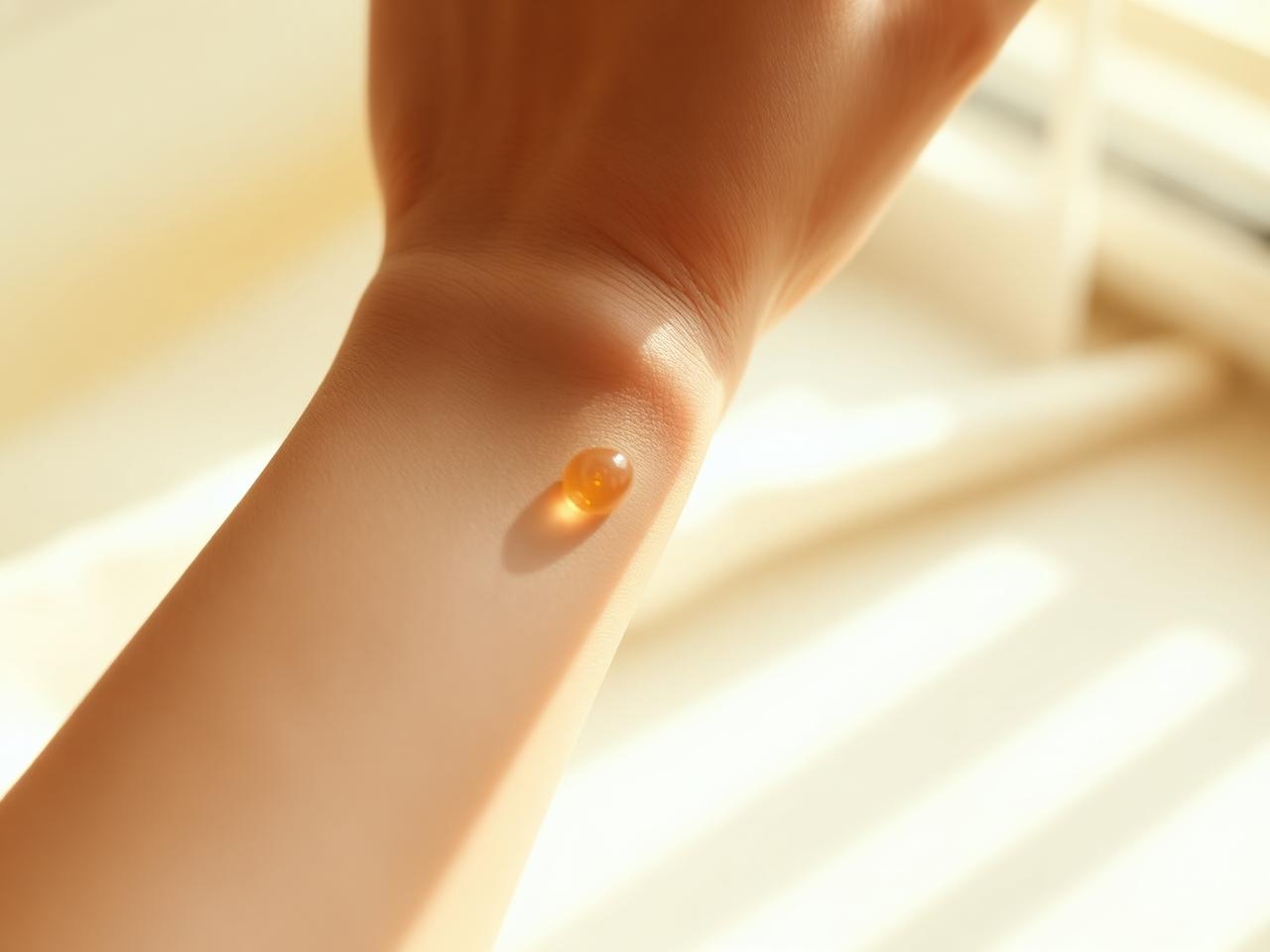 A close view of a woman's wrist with a single drop of amber perfume catching warm light