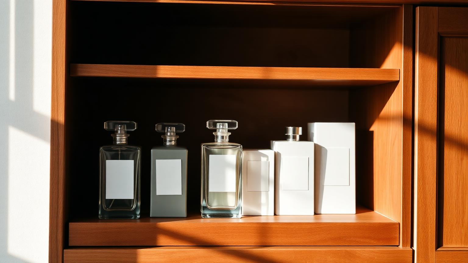 An opened wooden cabinet with unlabeled crystal perfume bottles standing upright in plain unmarked boxes in soft directional light