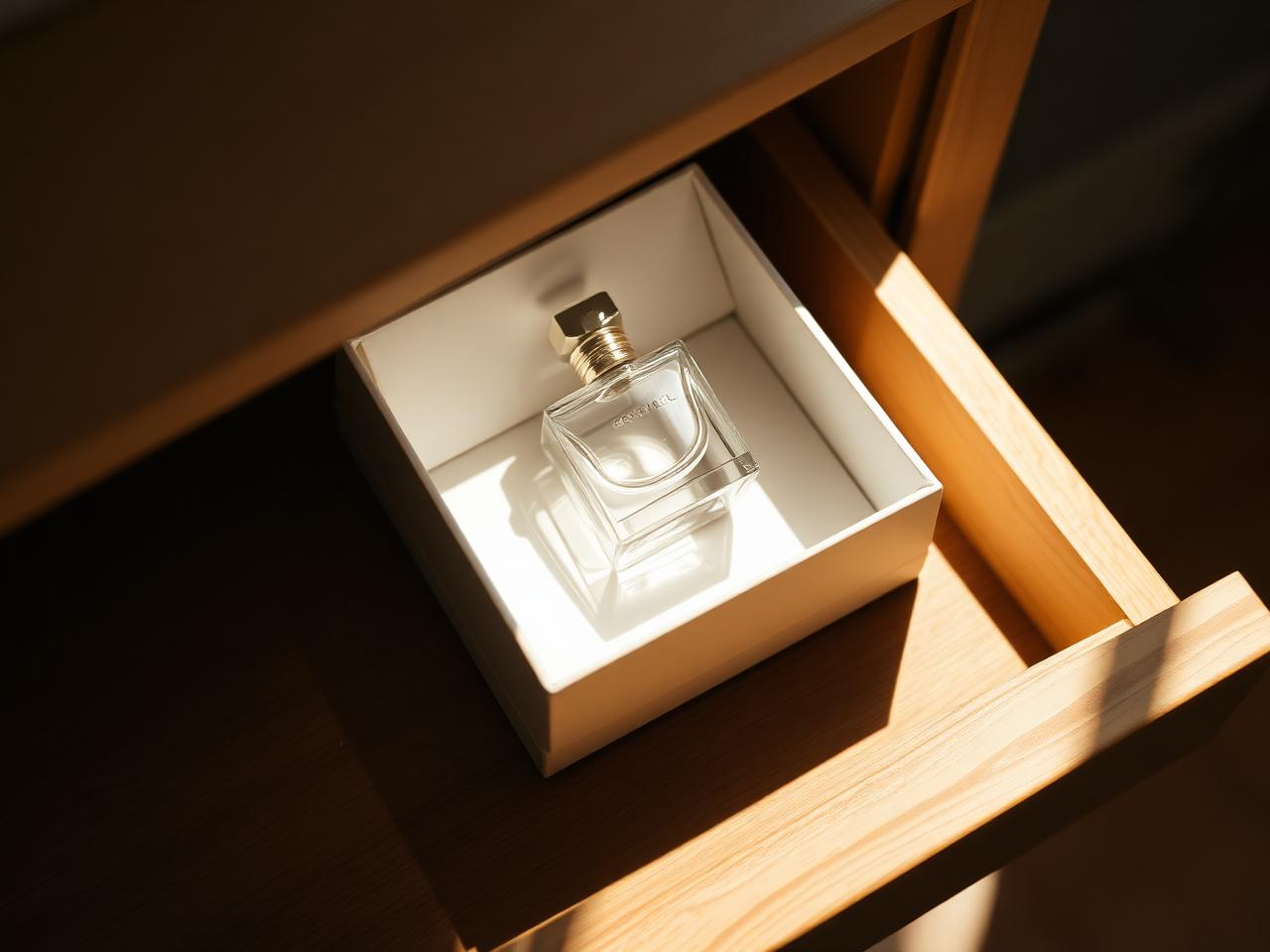 An unlabeled crystal perfume flacon inside a plain unmarked box on a closed wooden drawer with gentle morning shadow