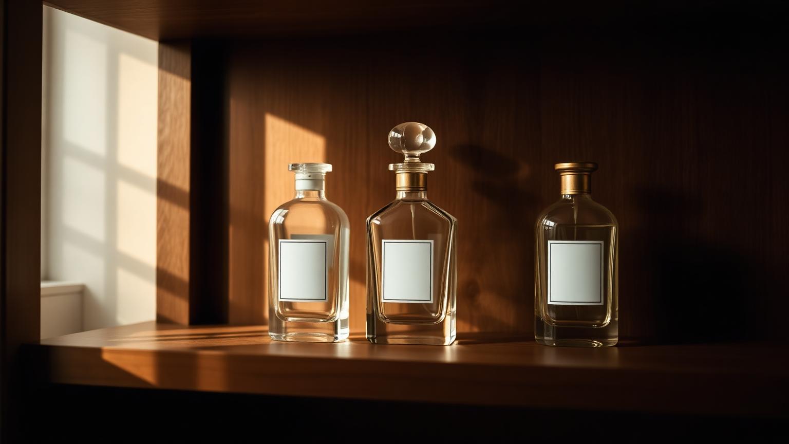 Three unlabeled crystal perfume flacons in a quiet row on a walnut shelf, with soft window light from the left